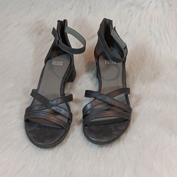 Eileen Fisher Dark Silver/ Gray Noni Ankle Strap Sandals  Sz 8.5